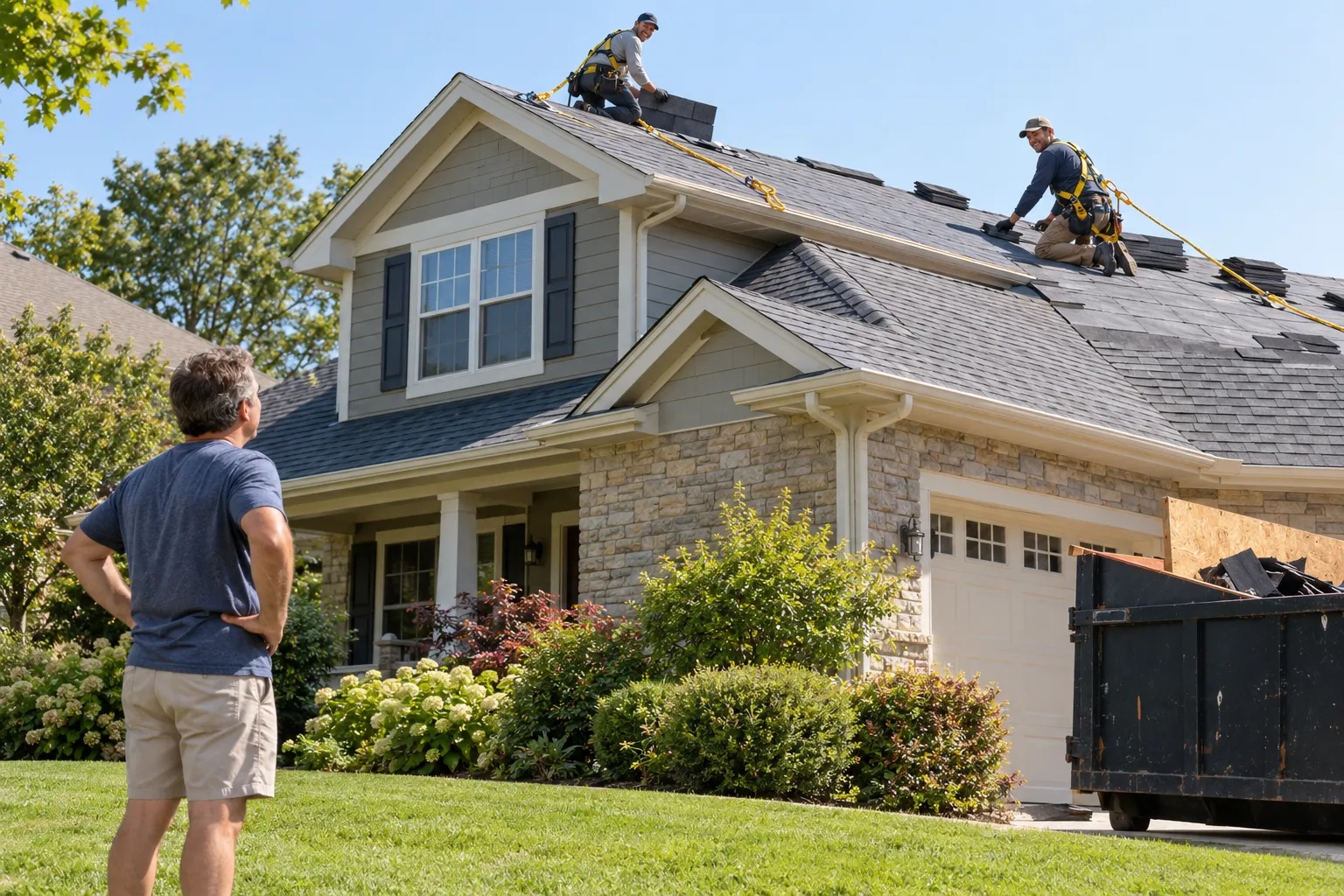 A local roofing provider replacing shingles on a home in New York with a homeowner watching safely from the yard